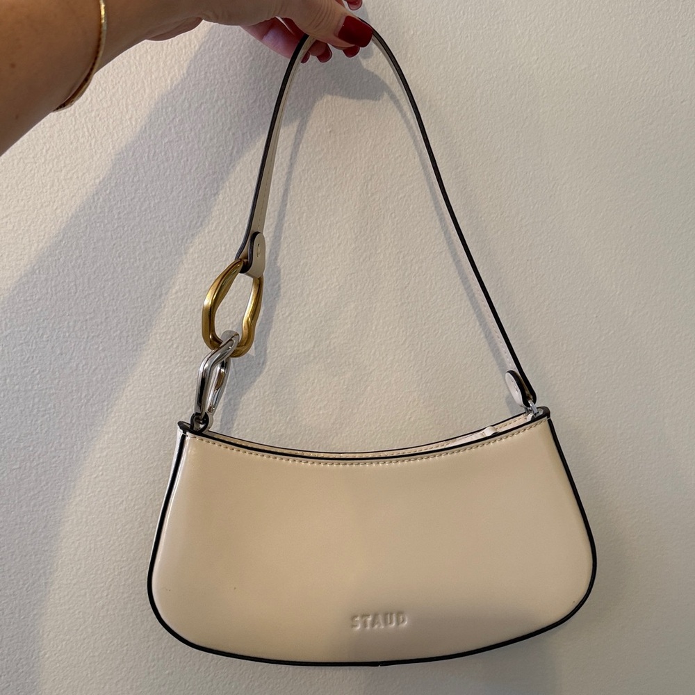 STAUD Off-White Leather Shoulder Bag with Gold & Silver Accent